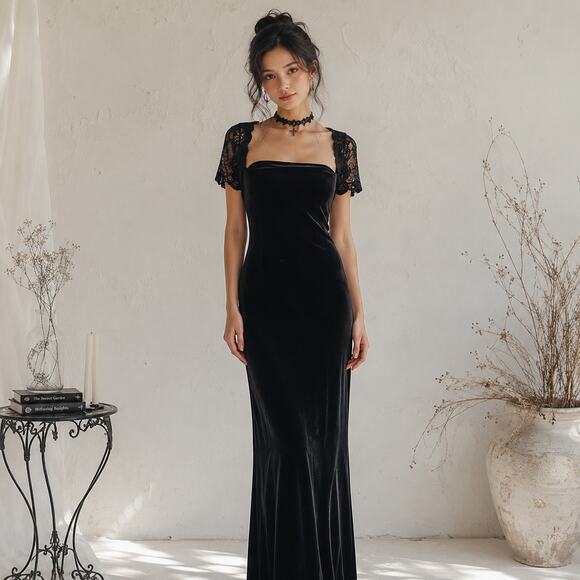 Vintage Dresses & Skirts - Vintage Black Velvet Y2K 90s My Michelle   Whimsigoth Maxi Dress Medium
